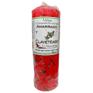 velon amarrado y claveteado, con hierbas y aceite 17 cm x 6 cm.