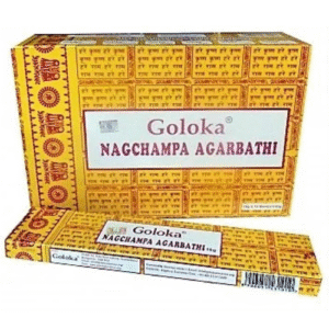 incienso goloka nag champa (caja amarilla) caja con 12 paquetes de 15 gm .
