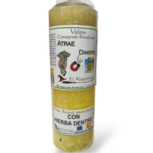 velÓn con hierbas y aceite atrae dinero 17 cm x 6 cm.