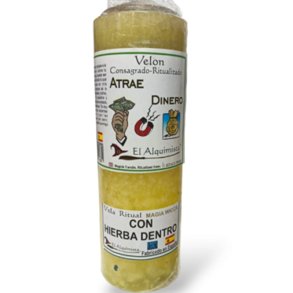 velÓn con hierbas y aceite atrae dinero 17 cm x 6 cm.