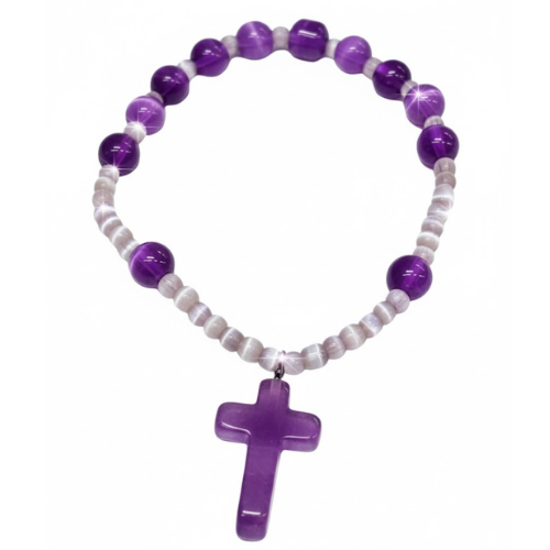 pulsera rosario elastica morada, italianas