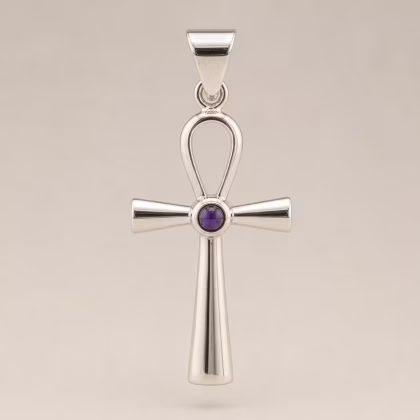 Colgante devocional hindú - Plateado con baño de plata (cordón de 45 cm) - Símbolo Ankh de la Vida Eterna