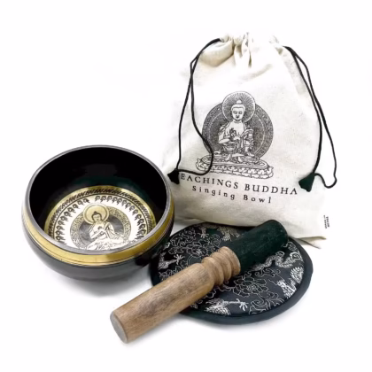Set de cuenco tibetano batido y grabado a mano - 14 cm - Enseñanzas de Buda