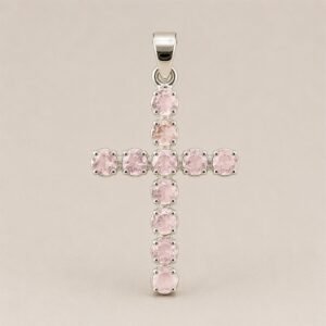 Colgante devocional de la India - Chapado en plata (cadena de 45 cm) - Crucifijo de cuarzo rosa