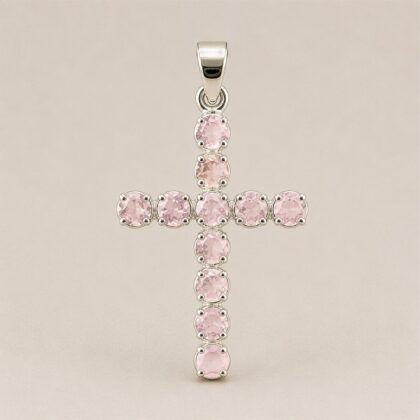 Colgante devocional de la India - Chapado en plata (cadena de 45 cm) - Crucifijo de cuarzo rosa