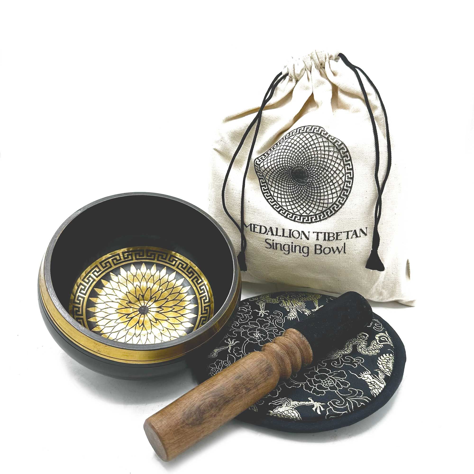 Set de cuenco tibetano batido y grabado a mano - 14 cm - Medallones redondos