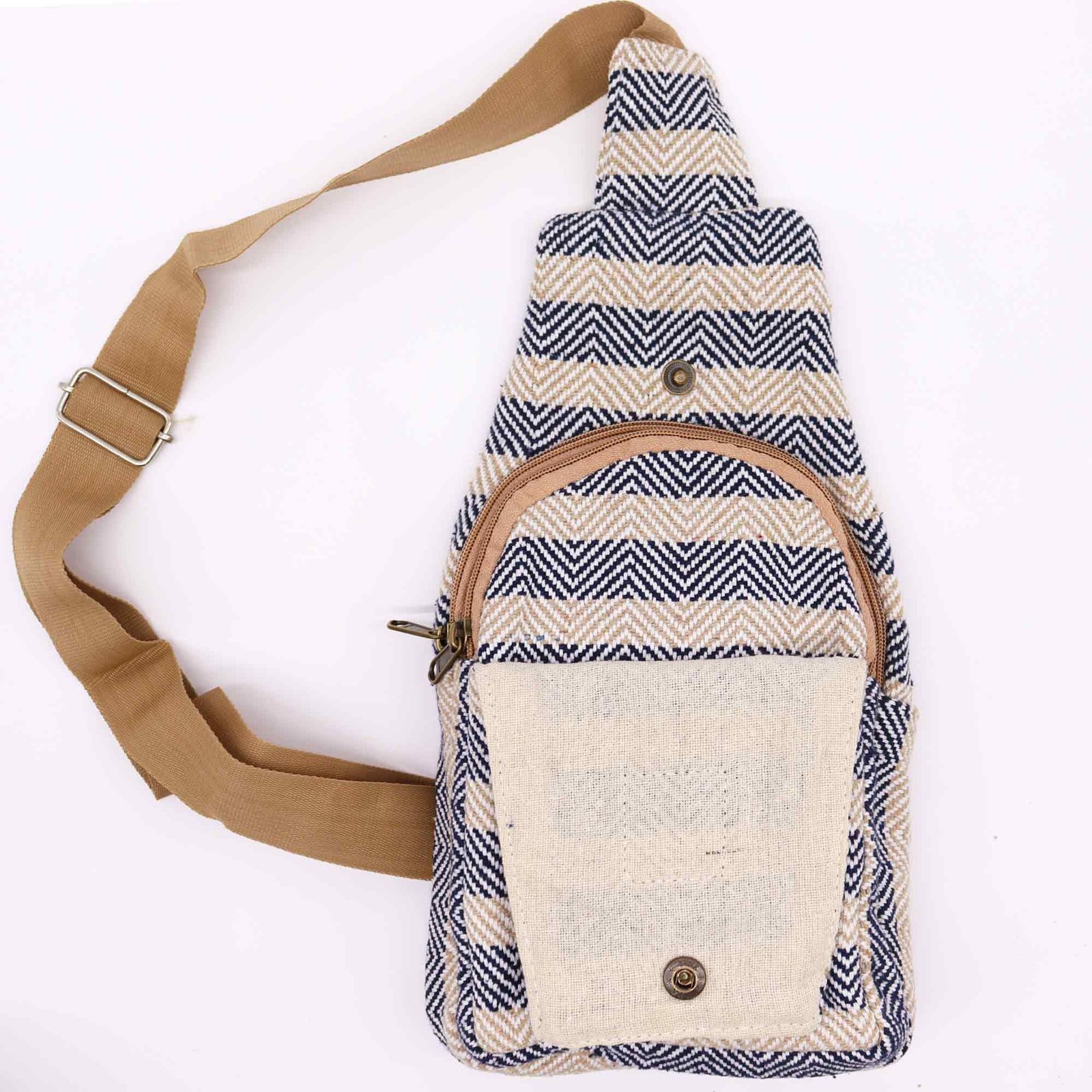 Bolso Bandolera de Algodon Natural - Marron Claro y Azul Marino - Imagen 4