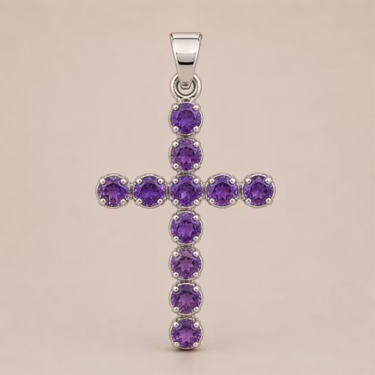Colgante devocional indio - bañado en plata (cadena de 45 cm) - Crucifijo de amatista
