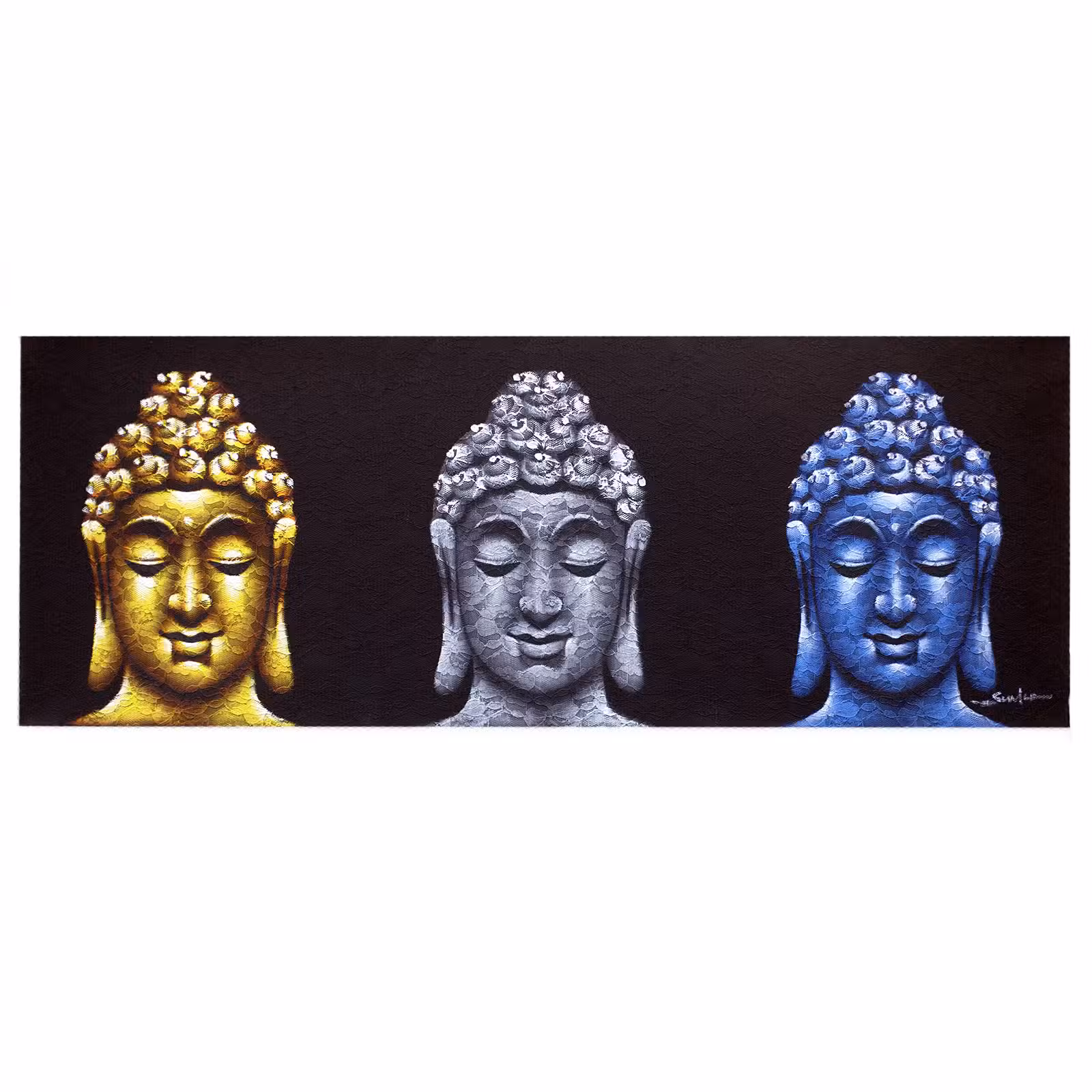 Cuadro de Buda - Tres Cabezas Negras 120x45 cm.