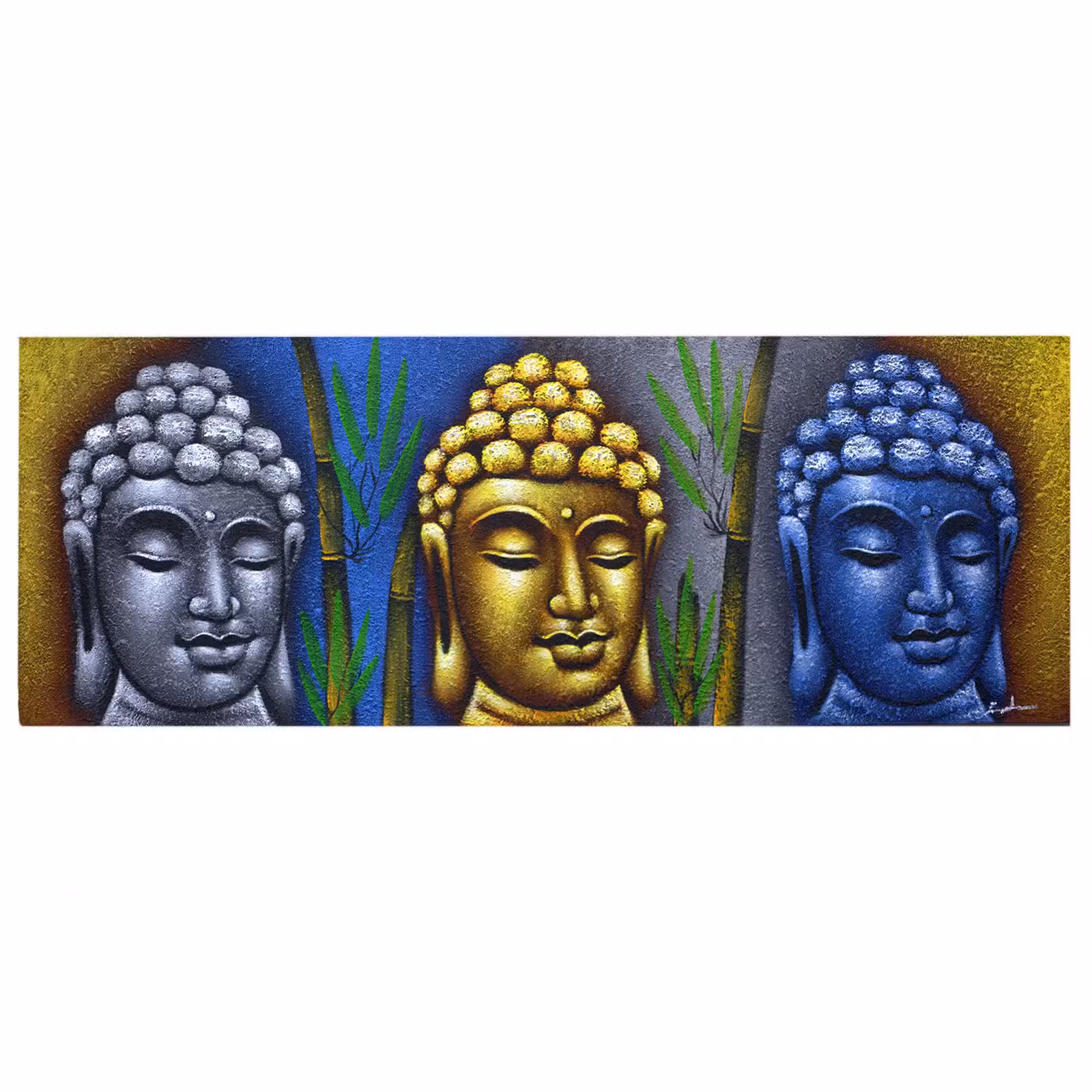 Cuadro de Buda - Tres Cabezas con Bambú 120x45 cm.