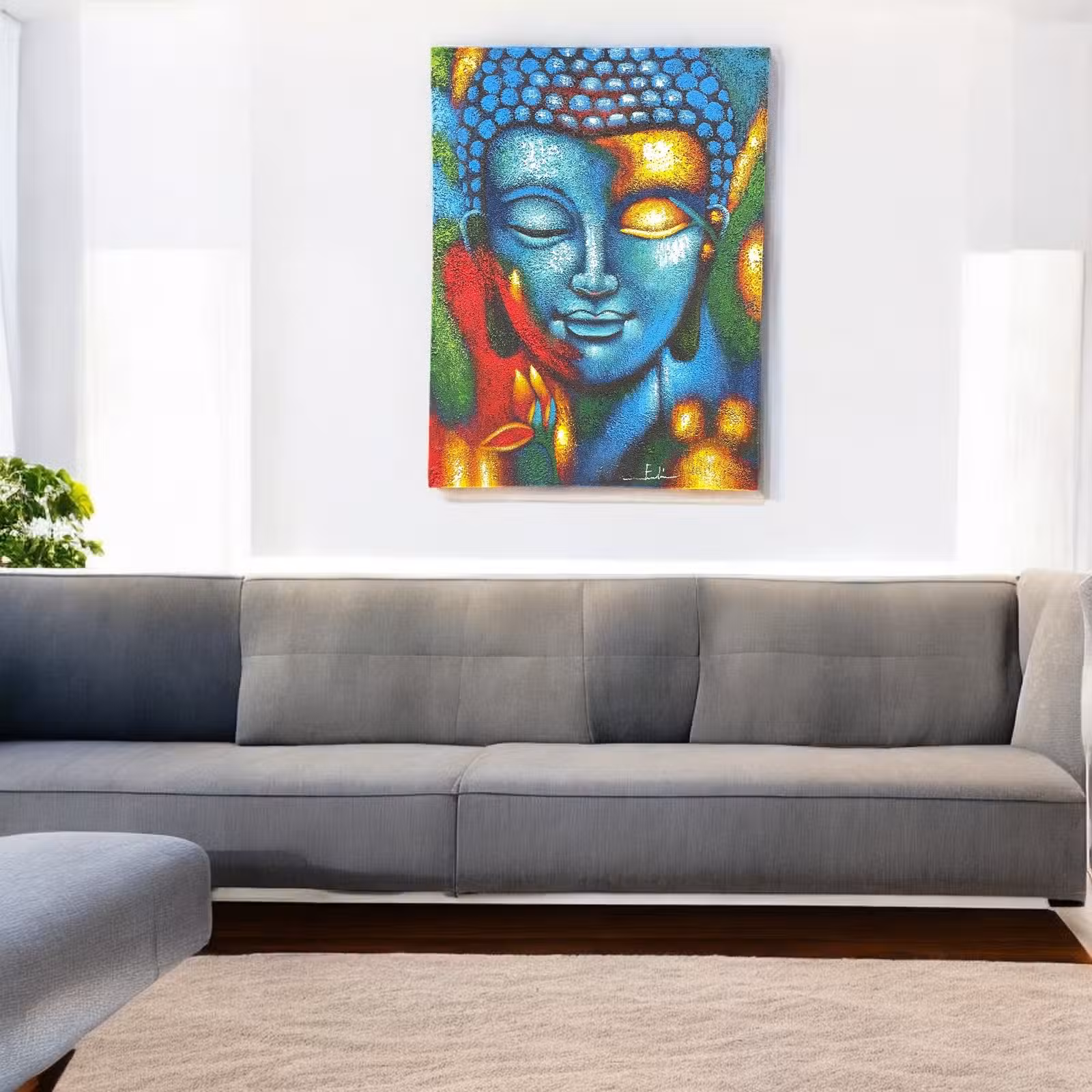 Pintura de Buda - Flor azul y dorada 76x55 cm. - Imagen 3