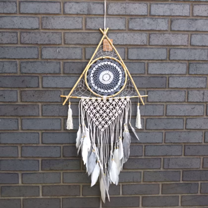 Atrapasueños - Macramé Pirámide Blanco / Gris, Grande