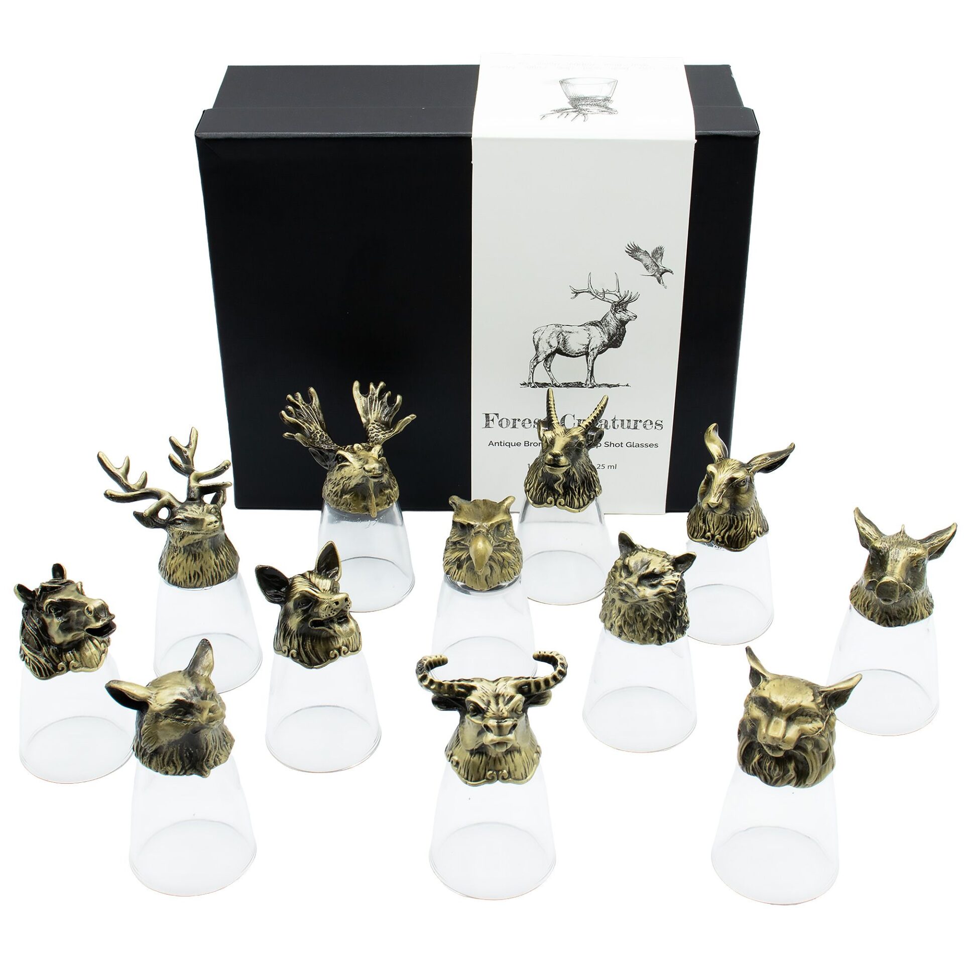 Conjunto de regalo de 12 vasos de chupito Bottom Up (25ml) - Bosque y Criaturas Místicas - Bronce Antiguo - Imagen 8