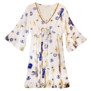 Vestido Nomad Sari Ojo Maligno – Blanco, Azul y Oro – Talla M/L