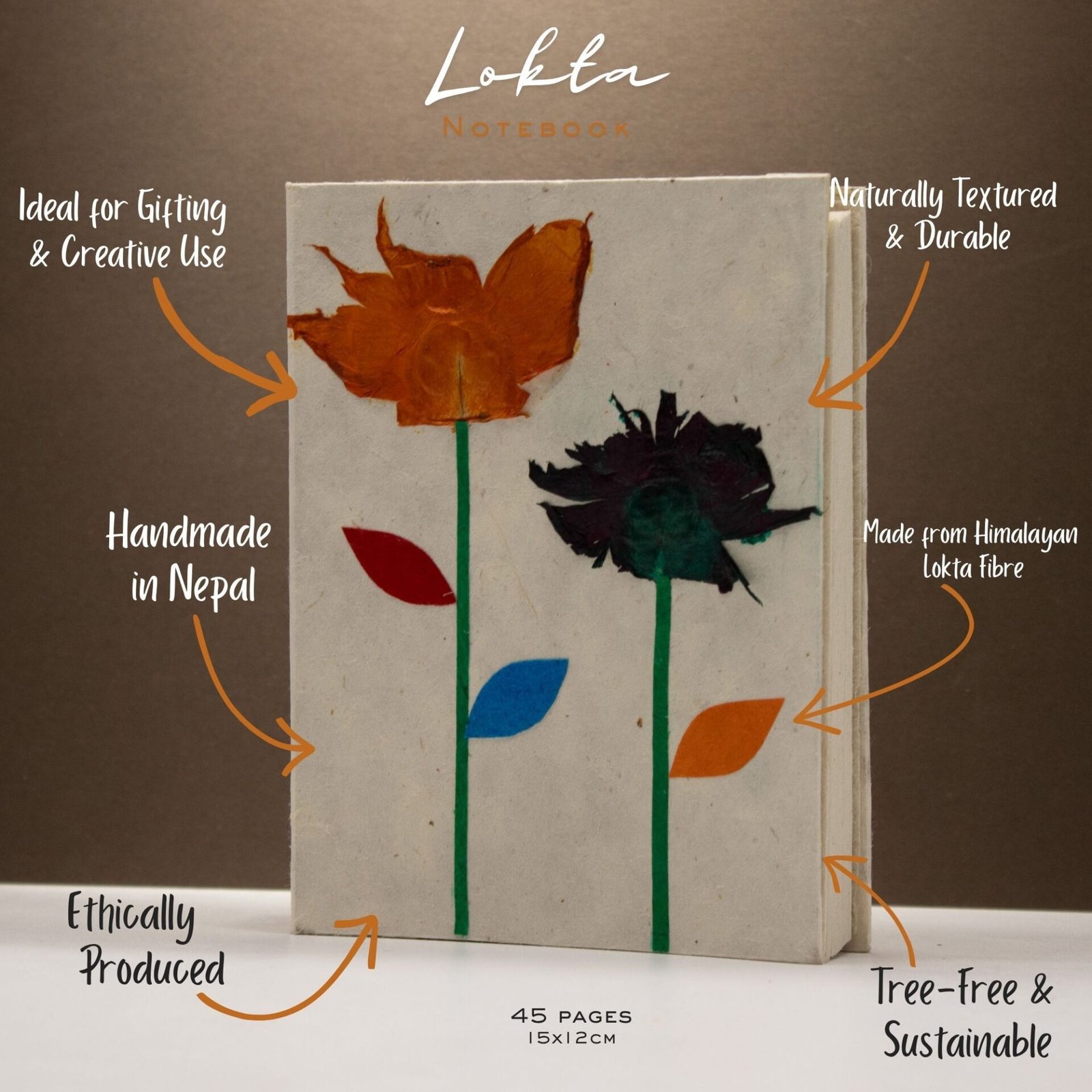Cuaderno de Lokta Mediano 15x12 cm - 45 hojas - Diseño floral auténtico del Himalaya - Imagen 2