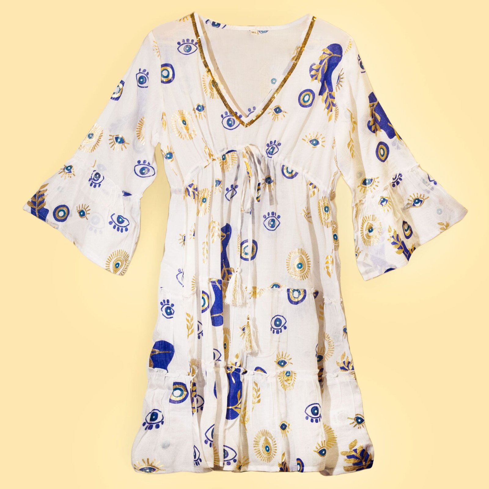 Vestido Nomad Sari Ojo Maligno – Blanco, Azul y Oro – Talla M/L - Imagen 6