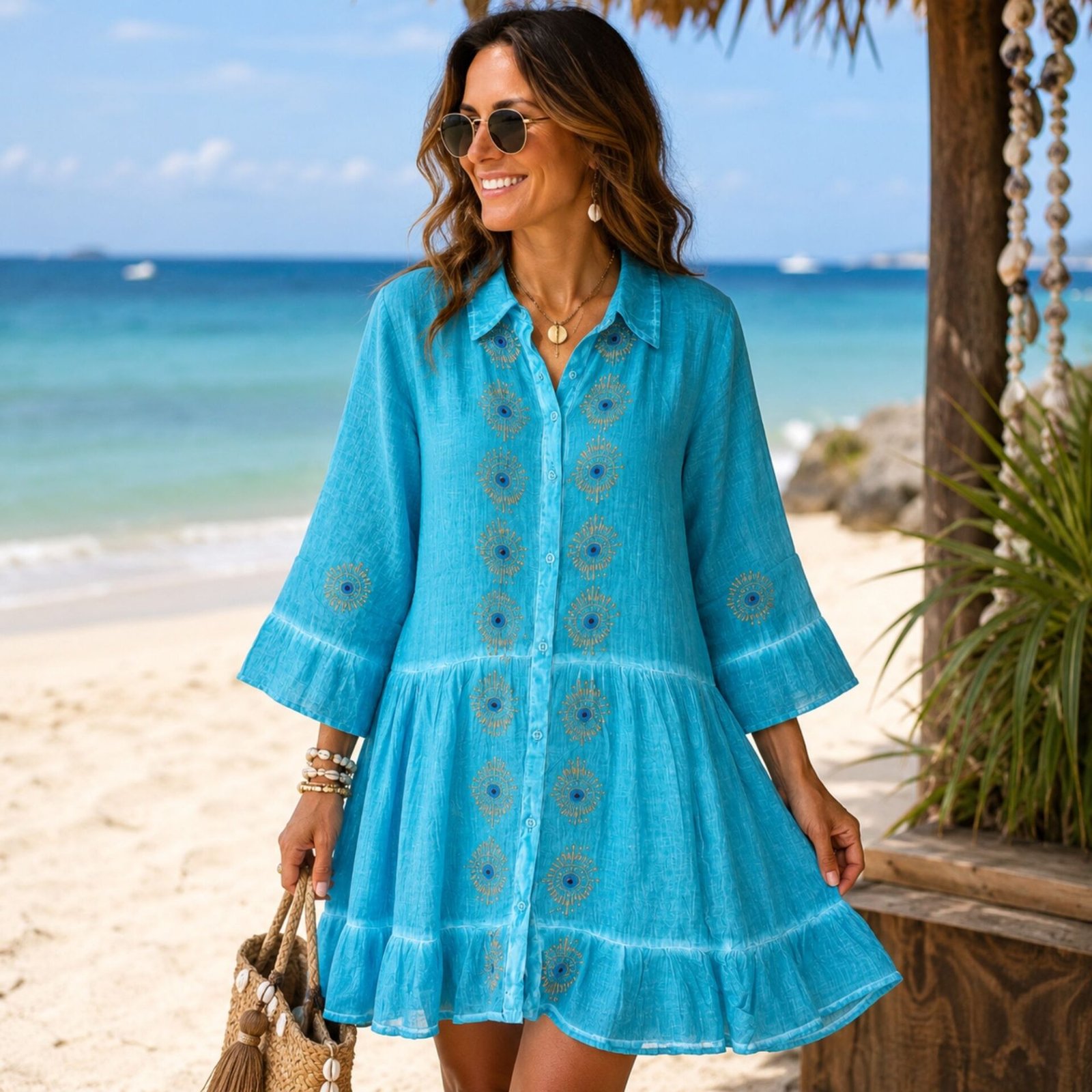 Nomad Sari En la Colección Med - Vestido tipo túnica - Turquesa con estampado en bloque de ojo turco (L-XL) - Imagen 2