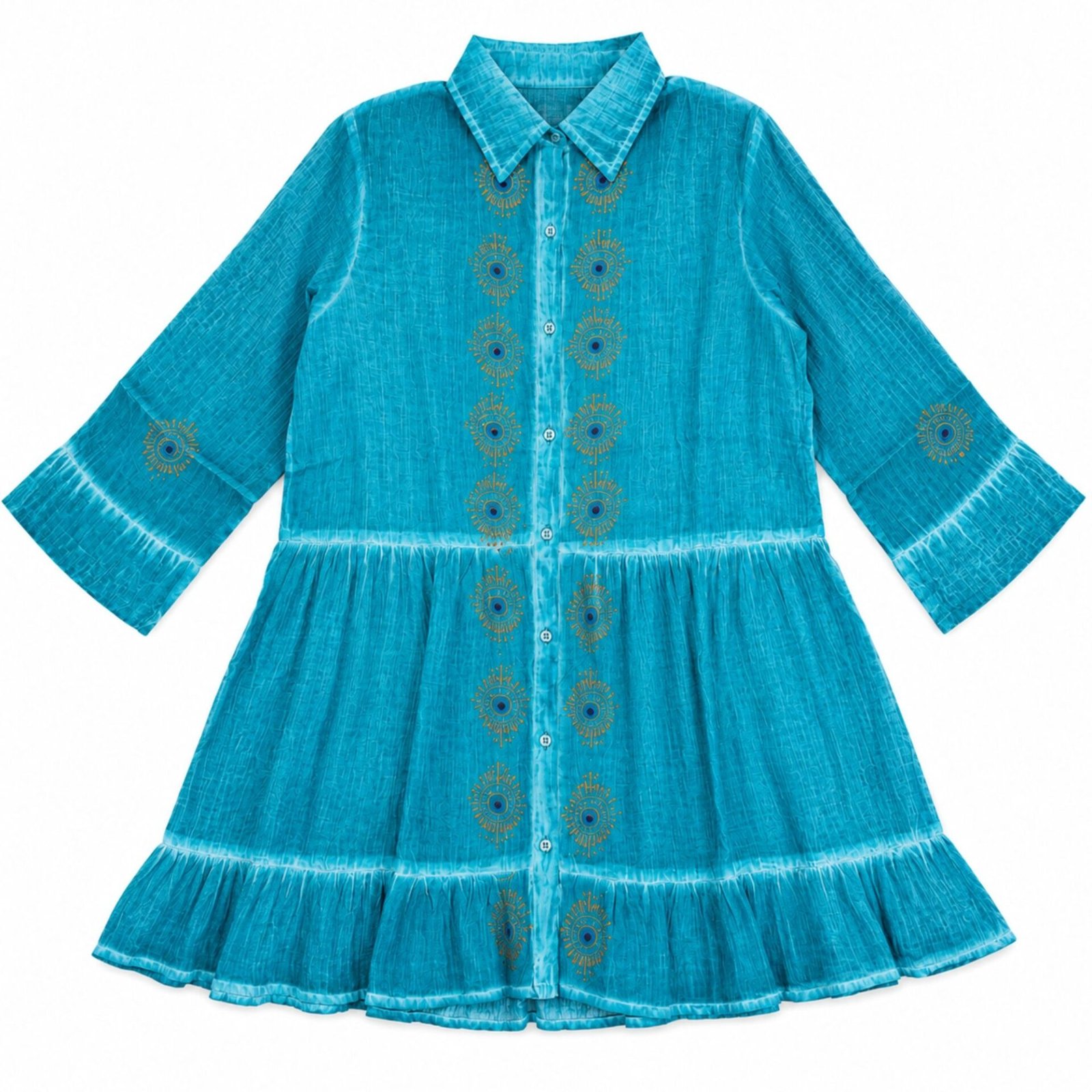 Nomad Sari En la Colección Med - Vestido tipo túnica - Turquesa con estampado en bloque de ojo turco (L-XL)