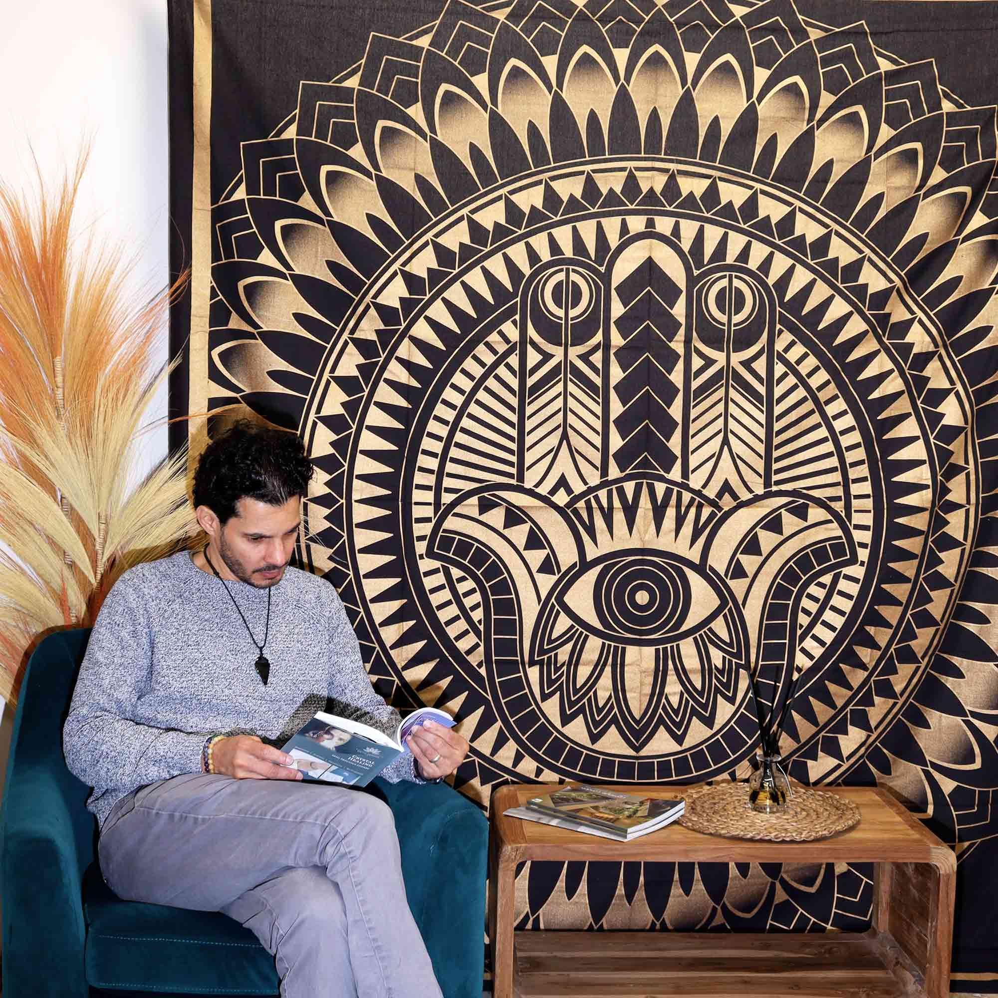 Colcha Doble de Algodón + Colgante de Pared - Hamsa - Negro Oro - Imagen 2