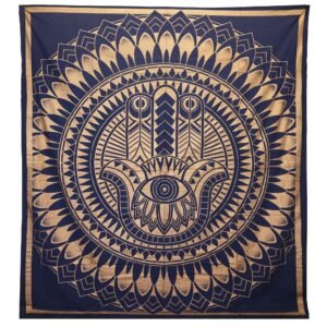 Colcha Doble de Algodón + Colgante de Pared - Hamsa - Azul Dorado