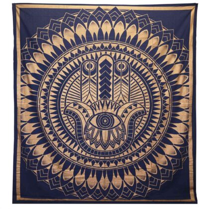 Colcha Doble de Algodón + Colgante de Pared - Hamsa - Azul Dorado