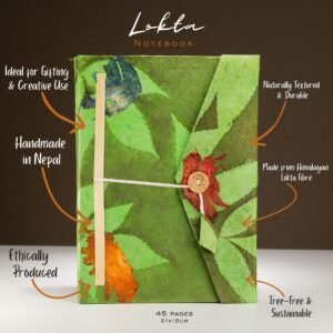 Cuaderno de Lokta con diseño floral audaz – Grande (21x15cm) – 45 hojas – Incluye marcapáginas – Verde musgo