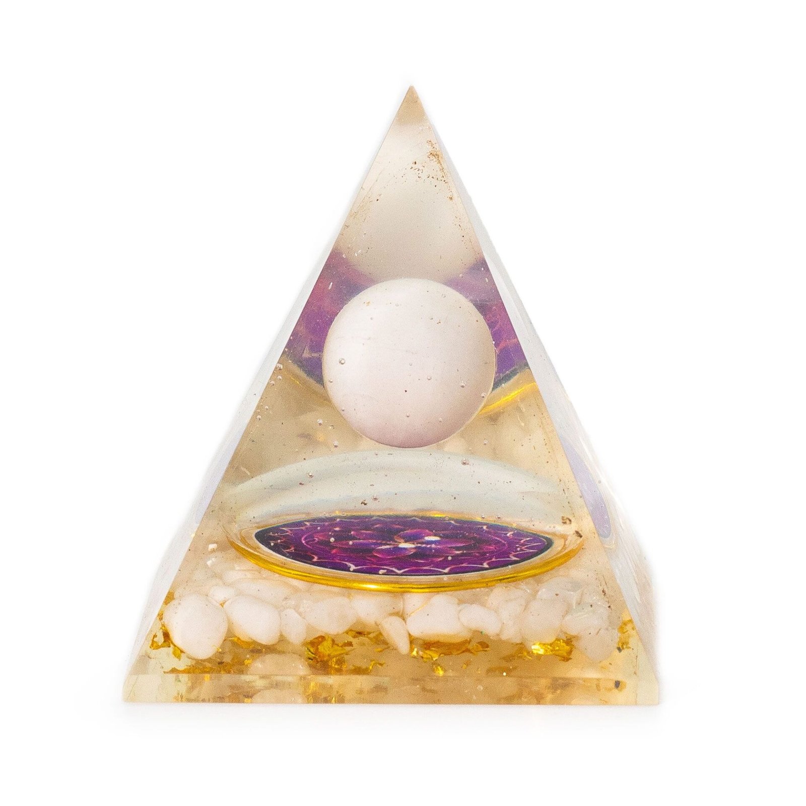 Pirámide de orgonita - Esfera de cuarzo flotante - Trozos de cuarzo 7x6 cm.