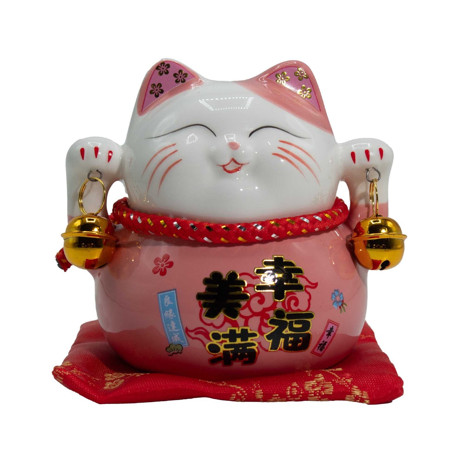 Hucha de cerámica en forma de gato de la suerte - rosa sobre cojín - Imagen 2