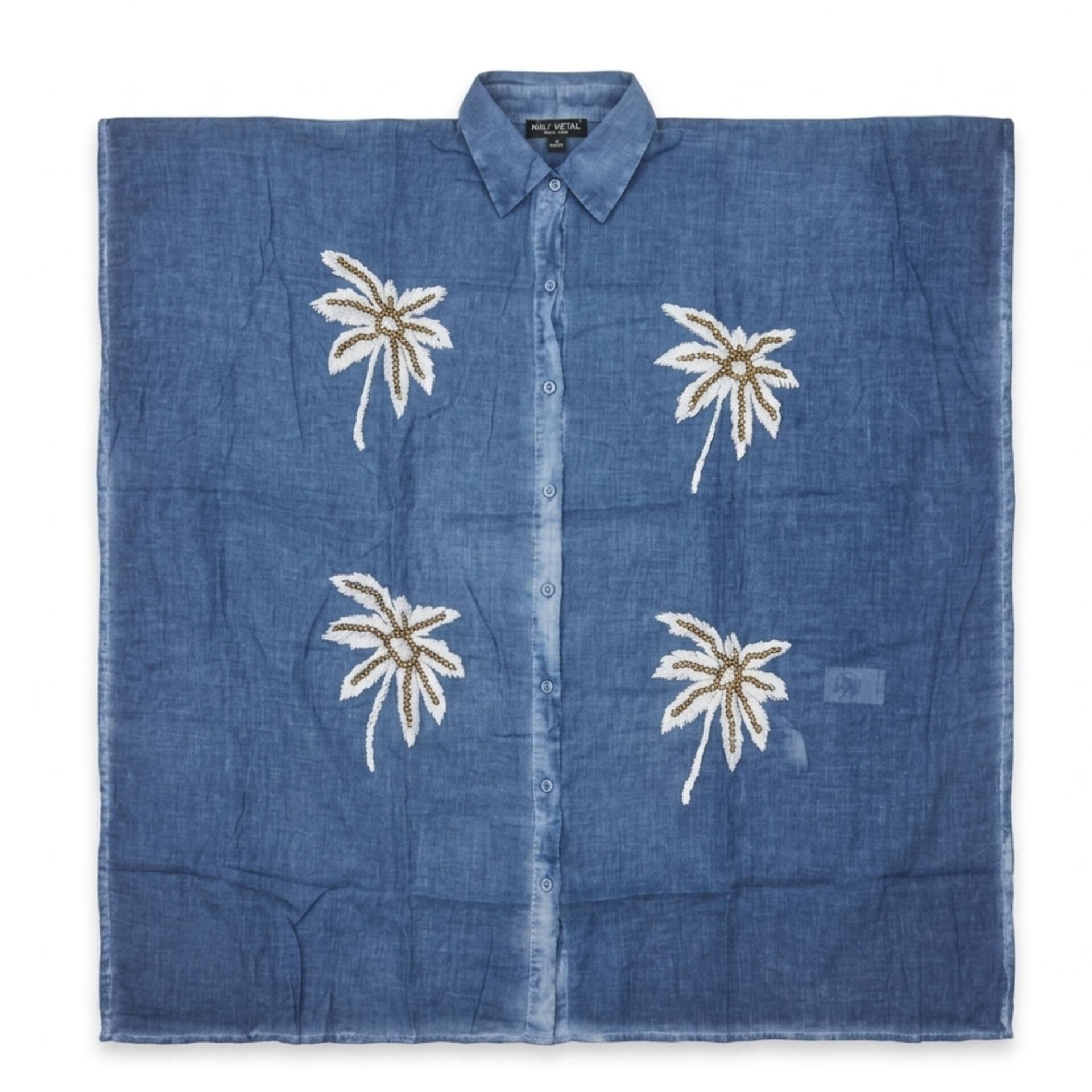 Nomad Sari en la colección Med - Caftán - Azul con decoración de palmeras en dorado y blanco - Imagen 2