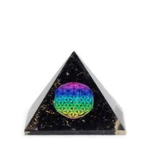 Piramide de orgonita 5.5x4.5cm - Flor de la Vida - trozos de tormalina negra