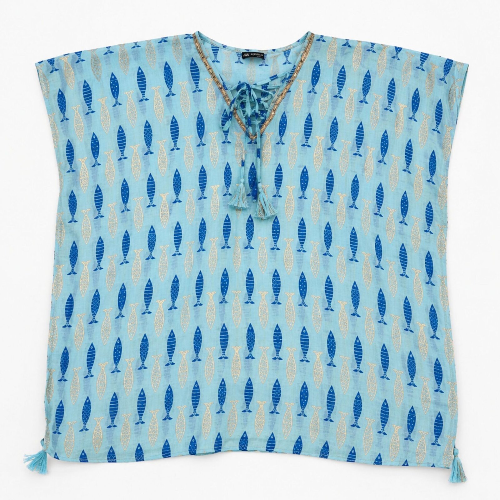Nomad Sari En la colección On the Med - Kaftán - Turquesa y Azul Estampado de Peces Audaz - Imagen 2