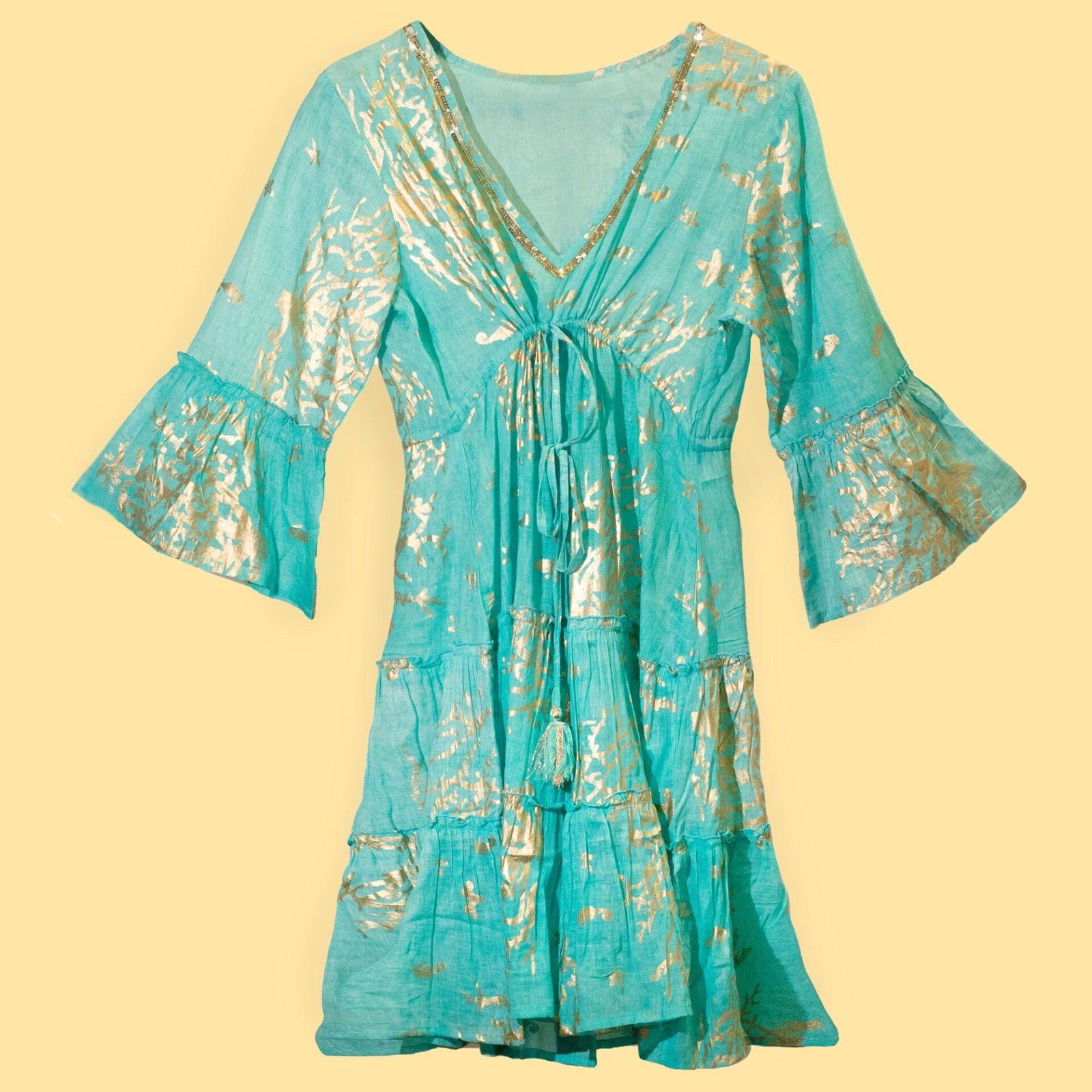 Nomad Sari En el Mediterráneo Turquesa y Dorado Estampado de Coral Vestido (M/L) - Imagen 2