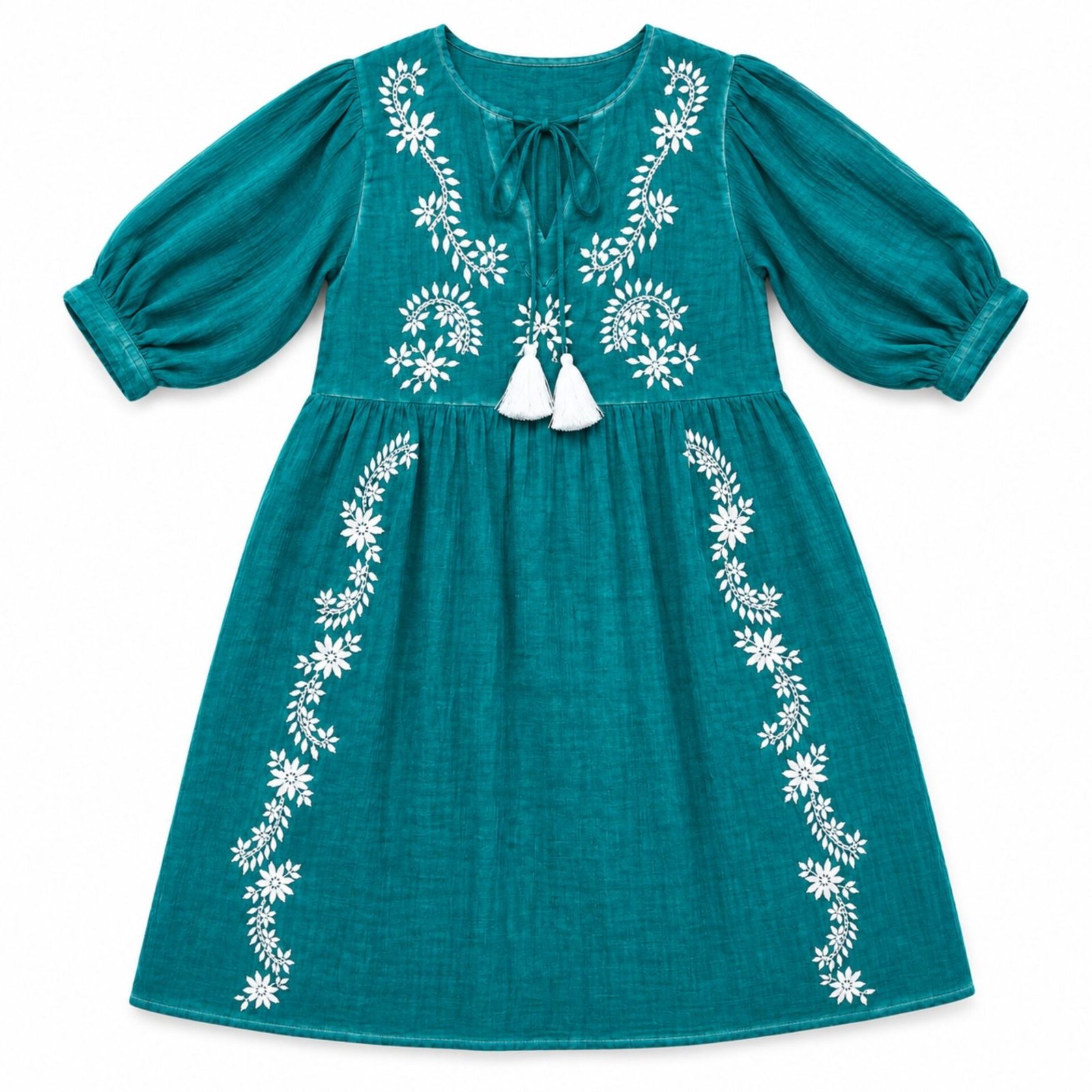 Nomad Sari en la Colección Med - Vestido - Turquesa con Bordado y Borlas (M-L) - Imagen 2