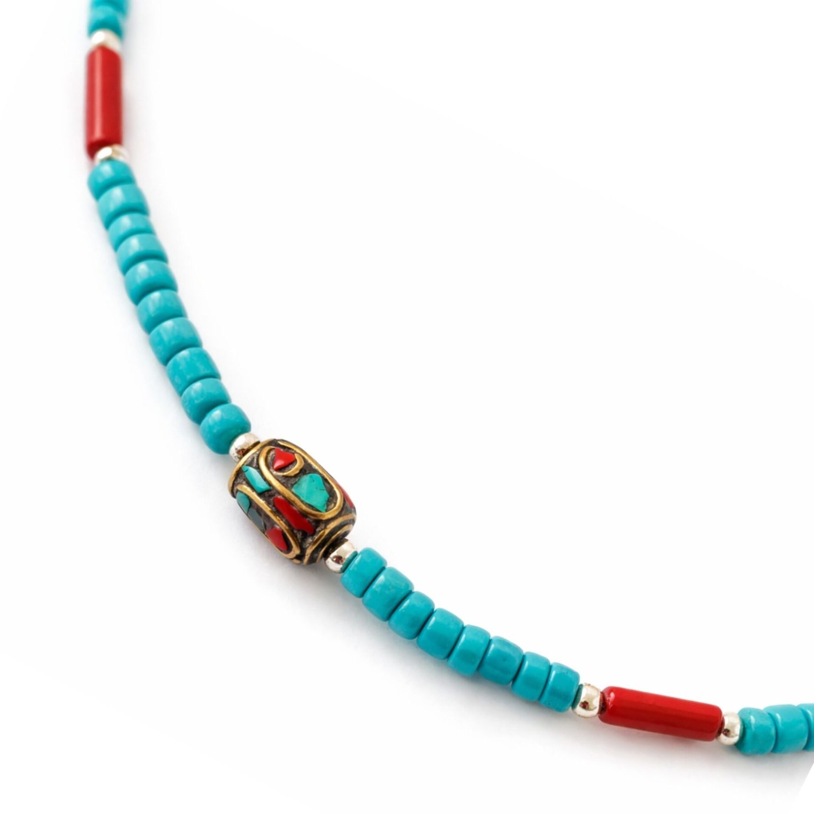 Collar Nepalí con cuentas tribales turquesa y coralita - (50 cm) y pulsera - (17 cm) conjunto
