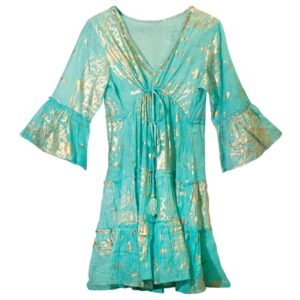 Nomad Sari En el Mediterráneo Turquesa y Dorado Estampado de Coral Vestido (M/L)