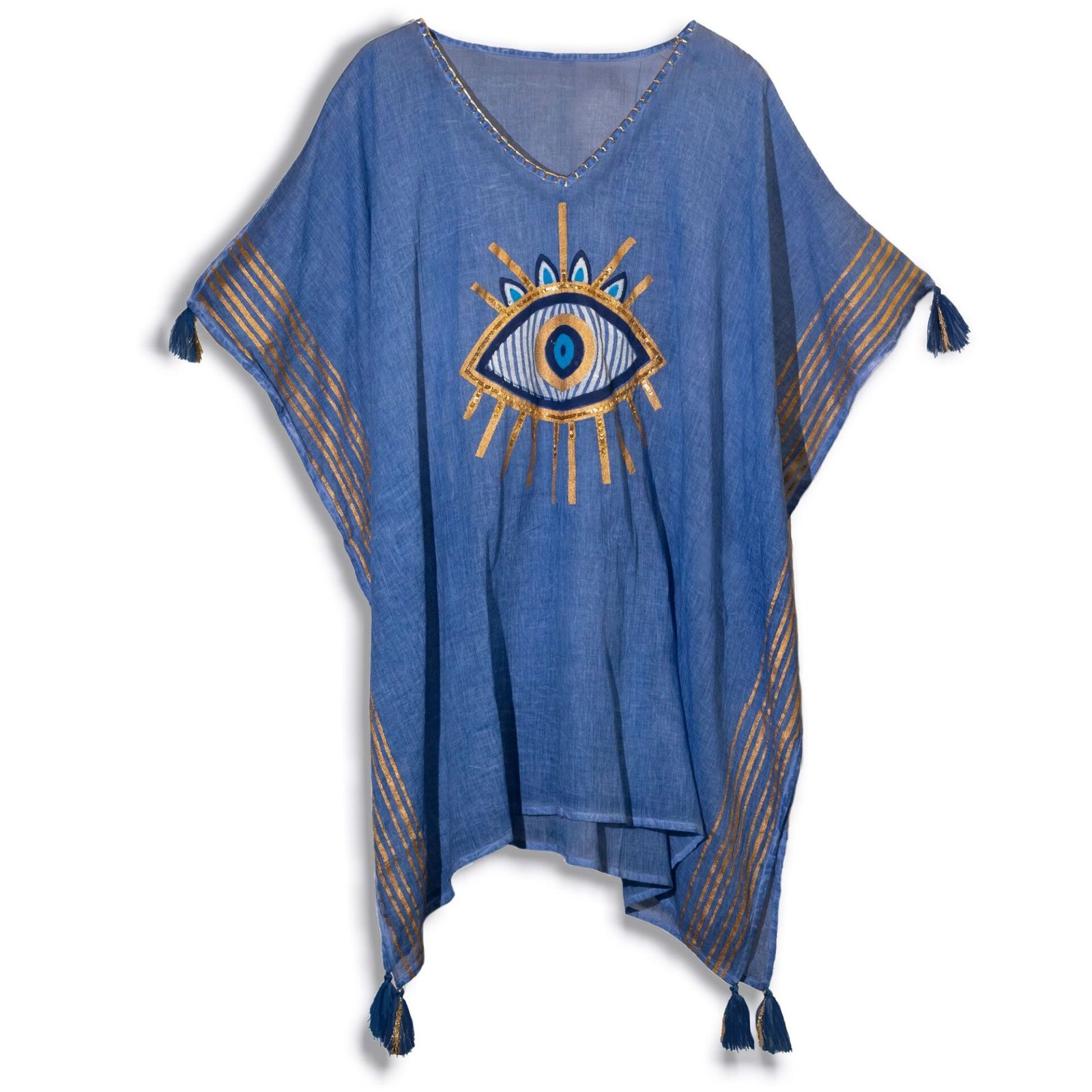 Nomad Sari Kaftan – Estampado de ojo turco azul intenso y dorado