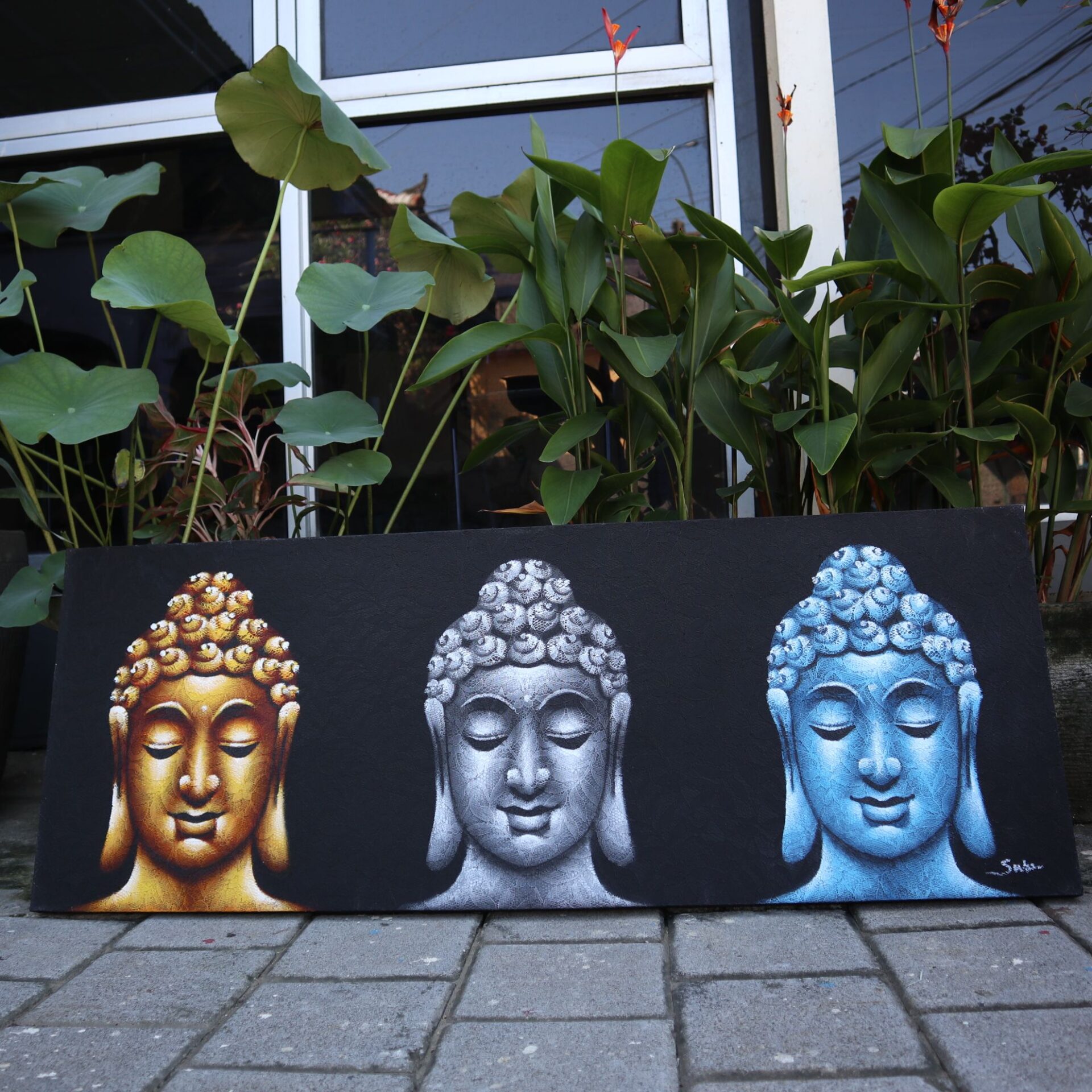 Cuadro de Buda - Tres Cabezas Negras 120x45 cm. - Imagen 4