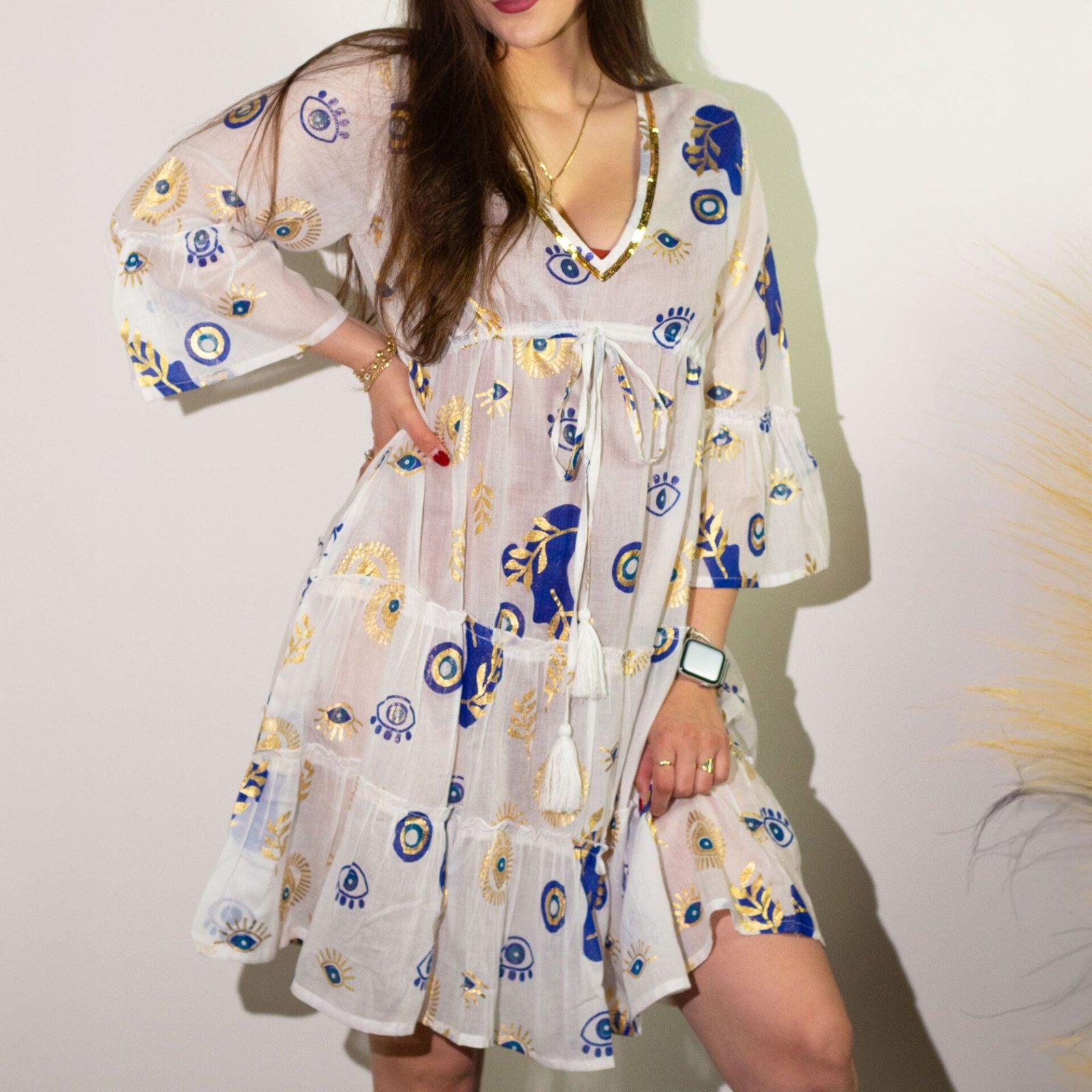 Vestido Nomad Sari Ojo Maligno – Blanco, Azul y Oro – Talla M/L - Imagen 2