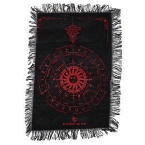 Tela de Adivinación con Péndulo de Bruja Antigua - Rostro del Sol - Negro y Rojo Sangriento