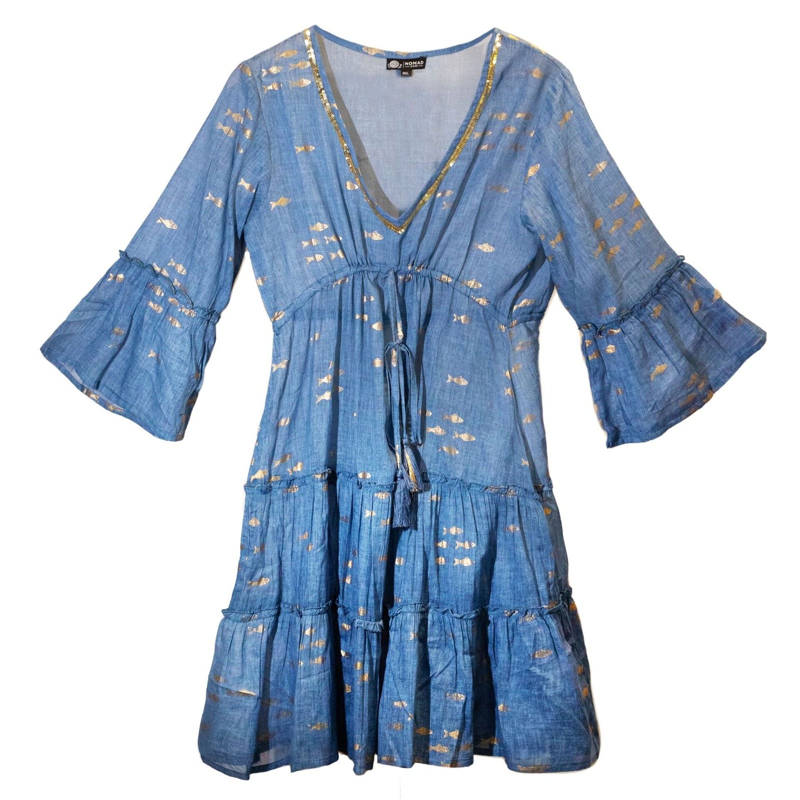 Nomad Sari en el Mar Mediterráneo Vestido con estampado de peces azules y dorados (M/L)