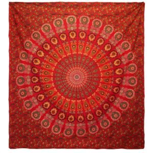 Colcha Doble de Algodón + Colgante de Pared - Pavo Real Mandala - Rojo