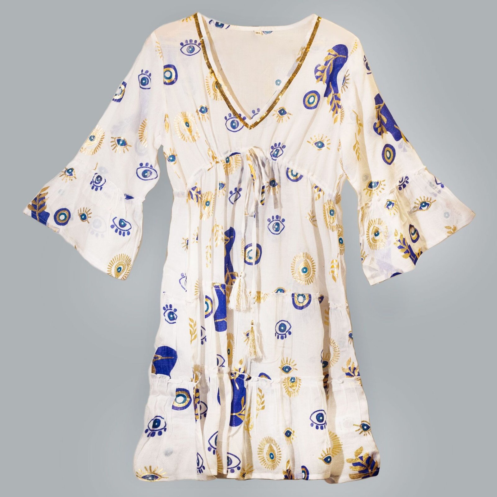 Vestido Nomad Sari Ojo Maligno – Blanco, Azul y Oro – Talla M/L - Imagen 4