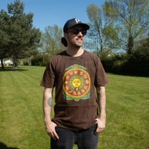 Nomad Sari Camiseta de Algodón Lavado a Piedra - Sol y Zodíaco - Marrón - Grande