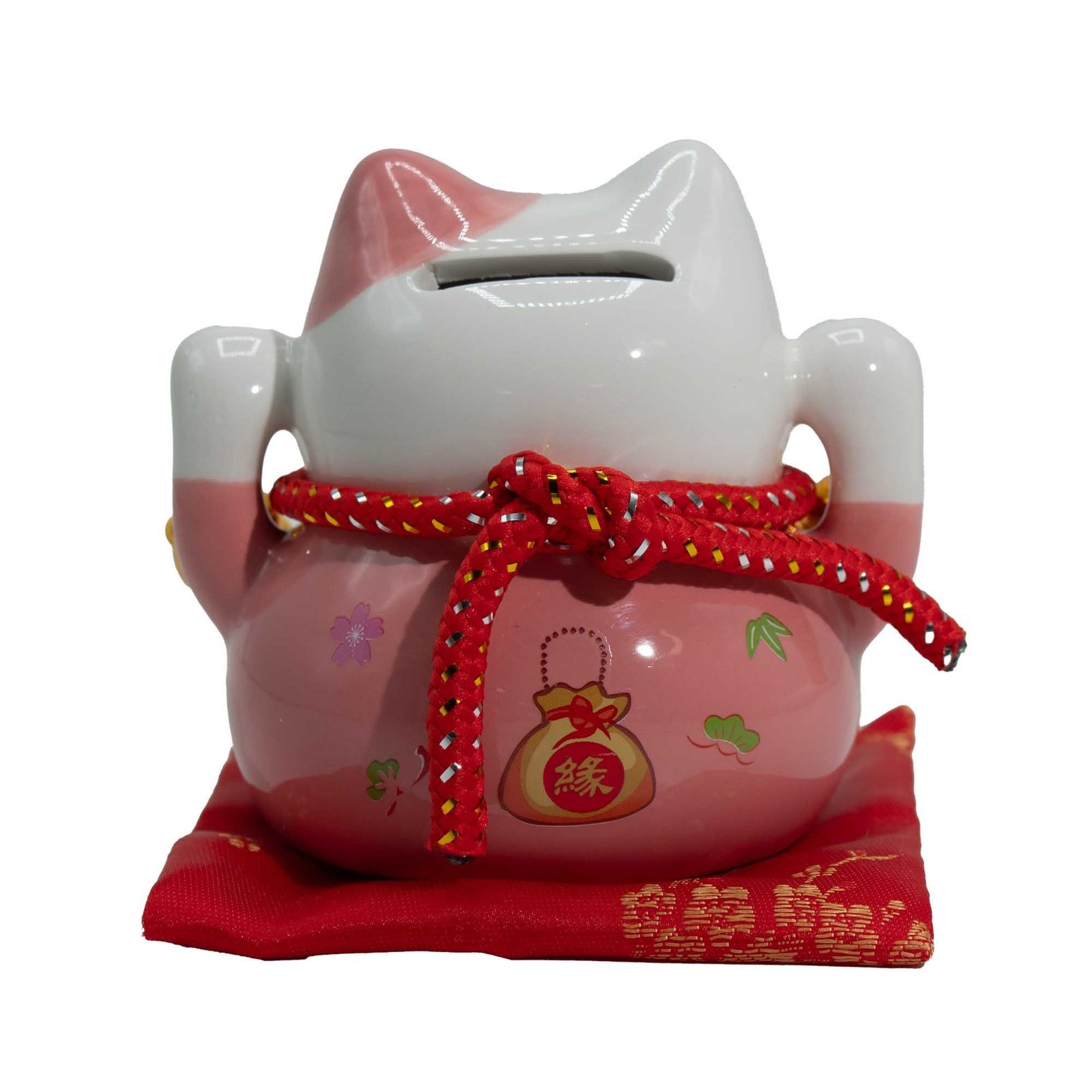 Hucha de cerámica en forma de gato de la suerte - rosa sobre cojín