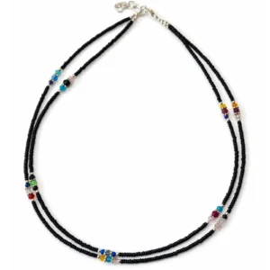 Collar fino nepalí de doble hilera con ónix negro y cuentas facetadas 42 cm.