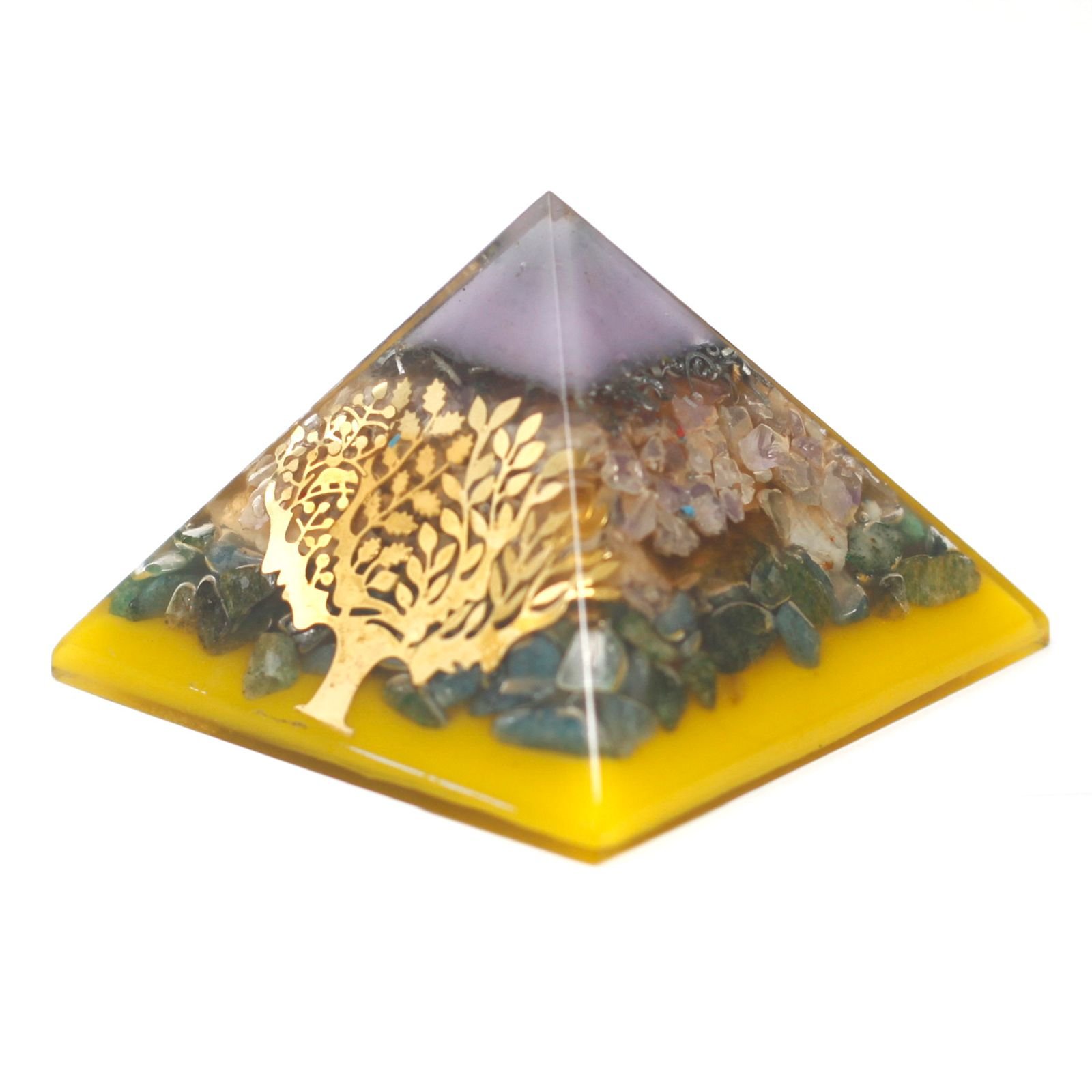 Pirámide de Orgonita - Gemas Chakra - Árbol (Base Oro) 70 mm.