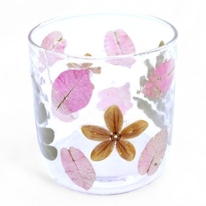 Portavelas de cristal con flores naturales  - Primavera -  (8x8cm)