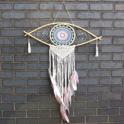 Atrapasueños - Macramé Ojo Azul / Blanco / Rosa, Grande
