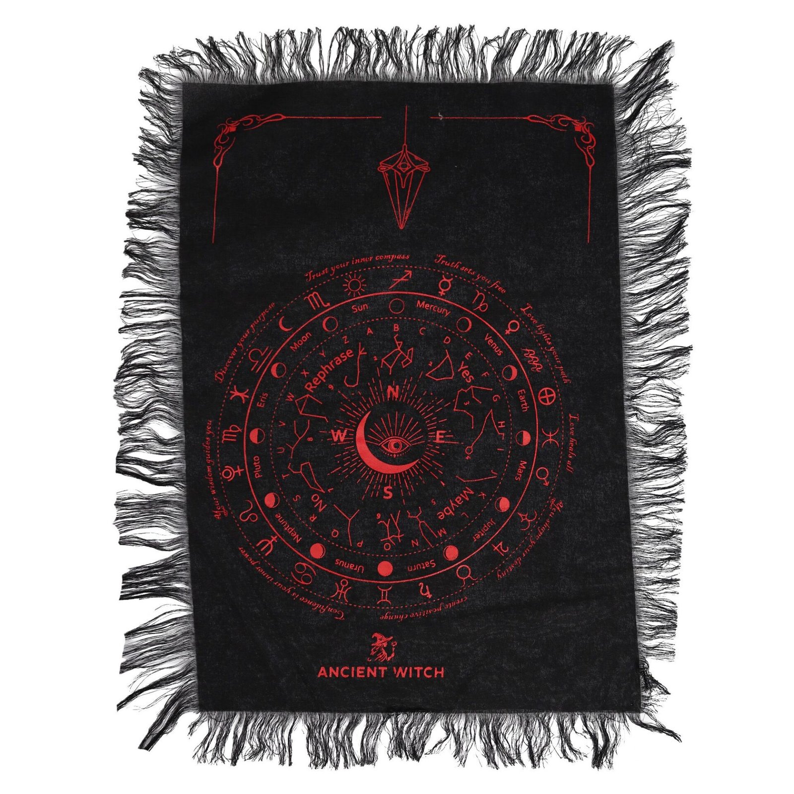 Tela de adivinación con péndulo de bruja antigua - ojo que todo lo ve - negro y rojo sangre