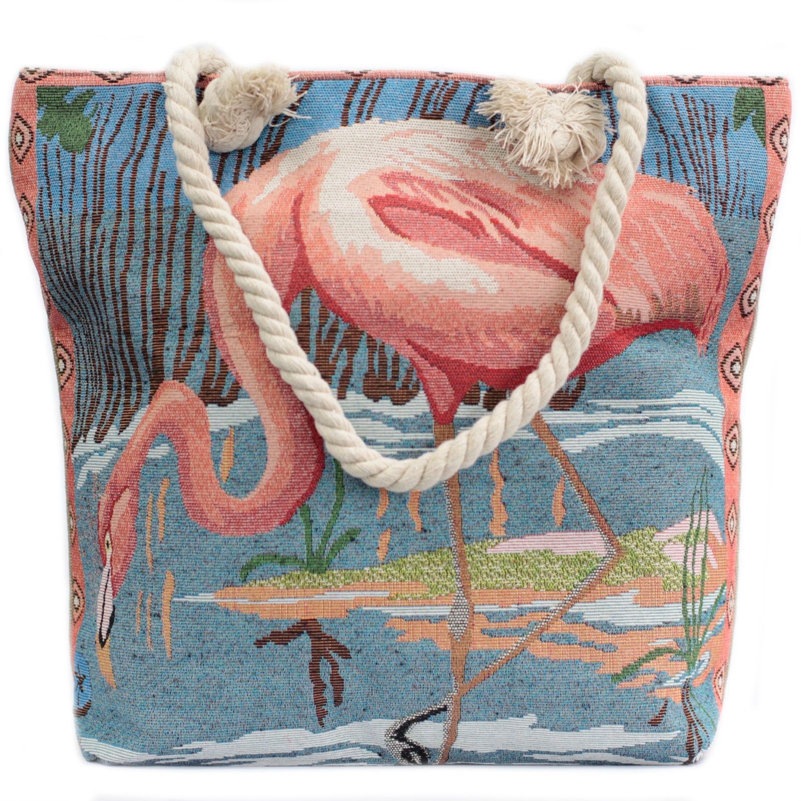 Bolso shopper con asa de cuerda - flamenco en laguna - Imagen 6
